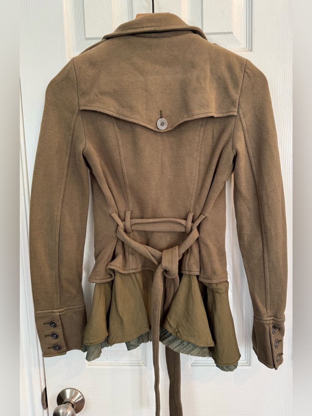 Free People Military Ruffle Hem Knit Jacket Olive Brown Size 4 - Picture 4 of 8